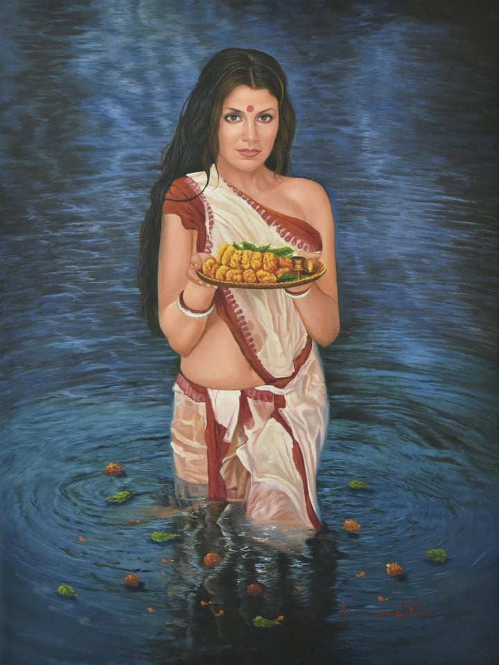 Lady In The River Painting by Kamal Rao | ArtZolo.com