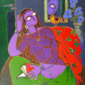 Figurative acrylic painting titled 'Lady On A Red Chair', 46x34 inches, by artist Santanu Nandan Dinda on Canvas
