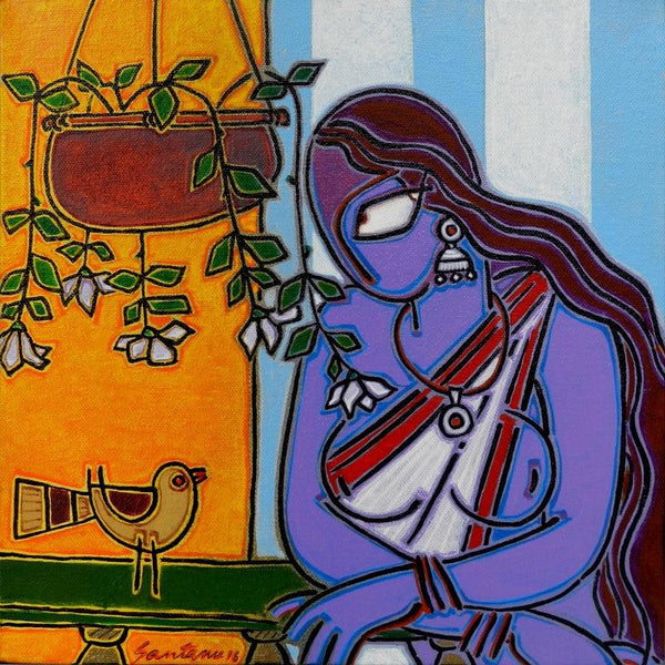 Lady With A Bird Painting by Santanu Nandan Dinda | ArtZolo.com