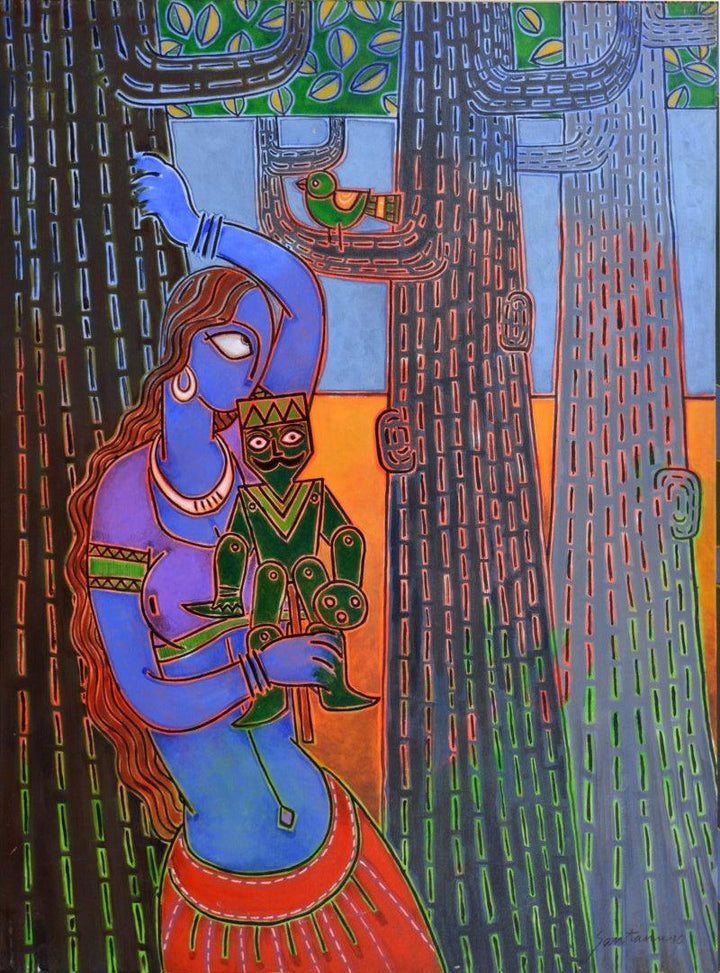Lady With A Puppet 1 Painting by Santanu Nandan Dinda | ArtZolo.com