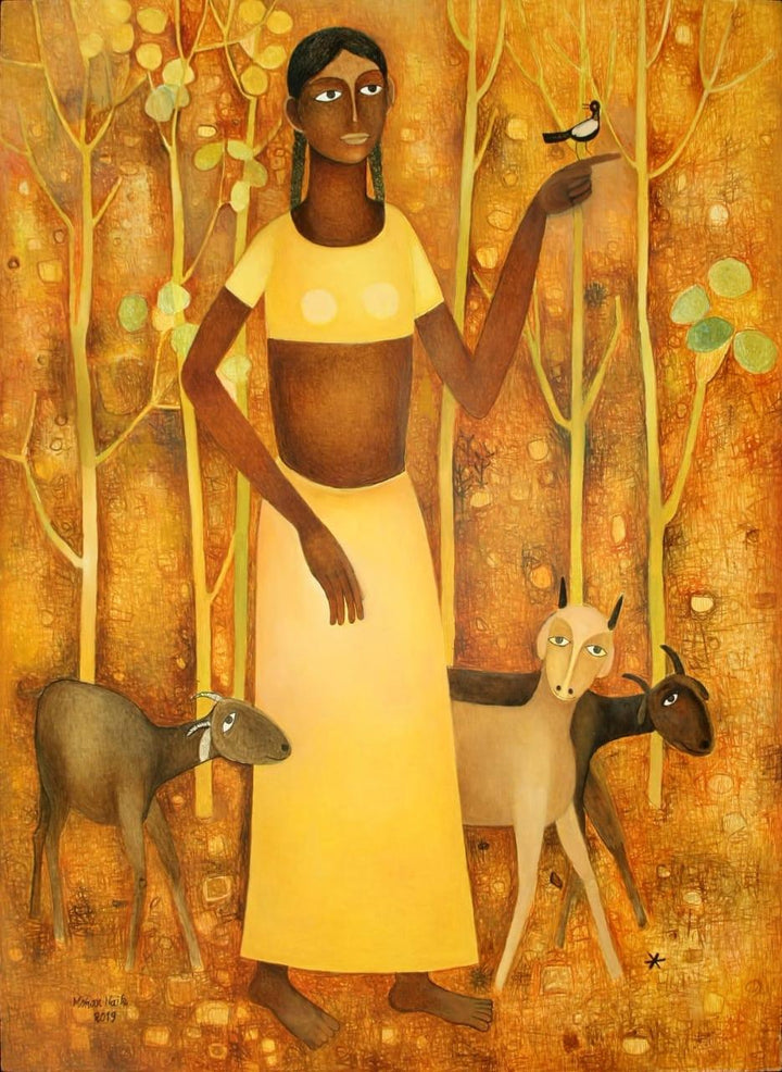 Lady With Animals Painting by Mohan Naik | ArtZolo.com