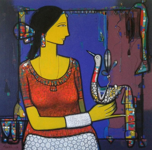 Lady With Bird 3 Painting by Girish Adannavar | ArtZolo.com