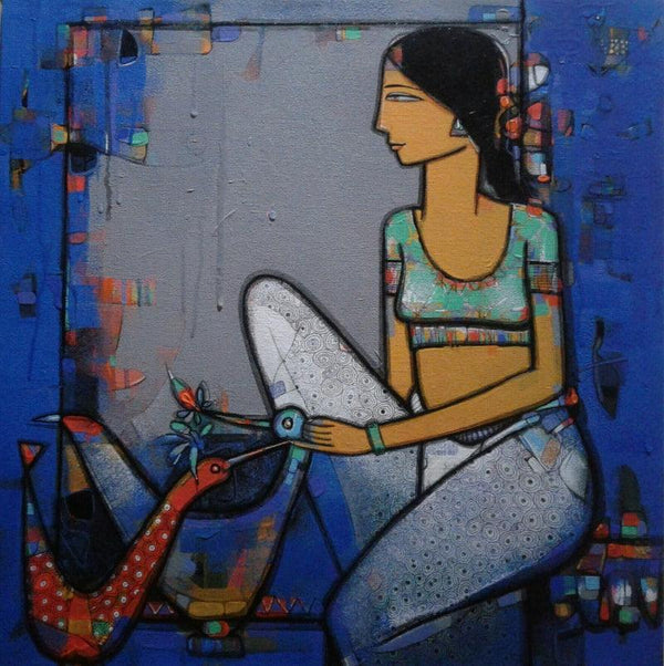 Lady With Bird 4 Painting by Girish Adannavar | ArtZolo.com