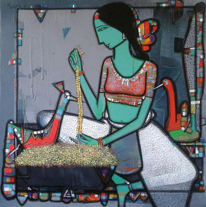 Lady With Bird 5 Painting by Girish Adannavar | ArtZolo.com
