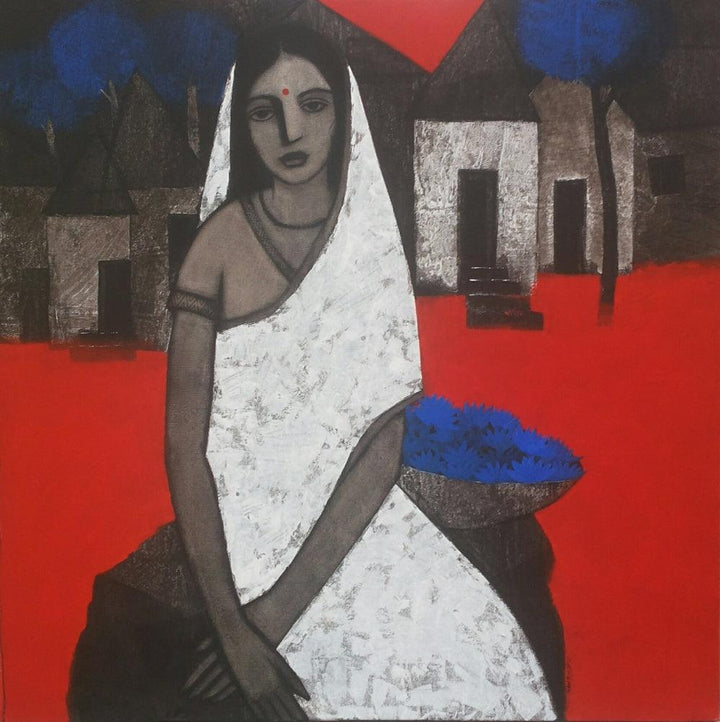 Lady With Blue Flowers Painting by Nagesh Ghodke | ArtZolo.com