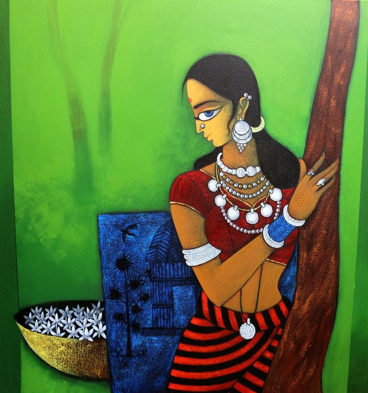 Lady With Flower Painting by Gajraj Chavan | ArtZolo.com