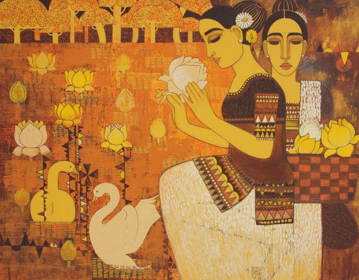 Lady With Lotus Ii Painting by Mamta Mondkar | ArtZolo.com