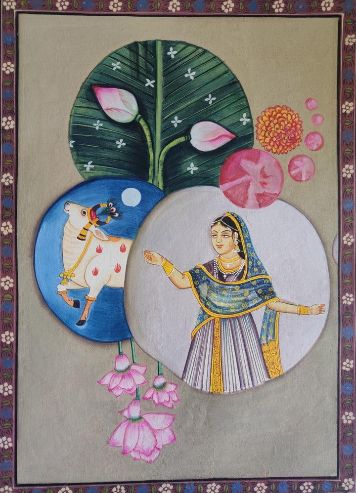 Lady With Nandi Traditional Art by Pichwai Art | ArtZolo.com