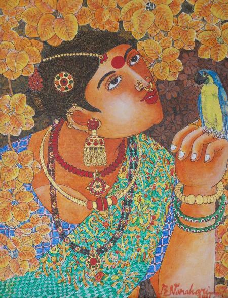 Lady With Parrot 1 Painting by Bhawandla Narahari | ArtZolo.com
