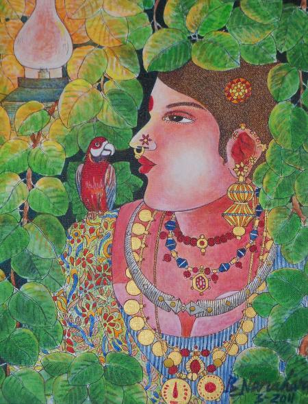 Lady With Parrot 2 Painting by Bhawandla Narahari | ArtZolo.com