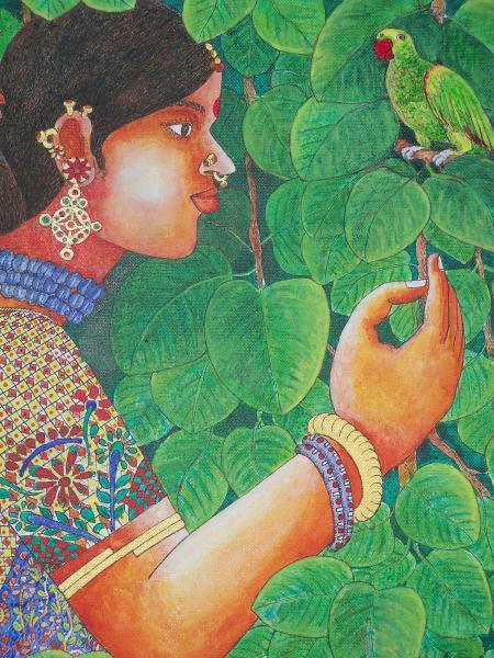Lady With Parrot 3 Painting by Bhawandla Narahari | ArtZolo.com
