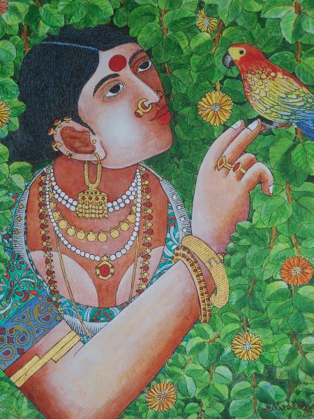 Lady With Parrot 4 Painting by Bhawandla Narahari | ArtZolo.com