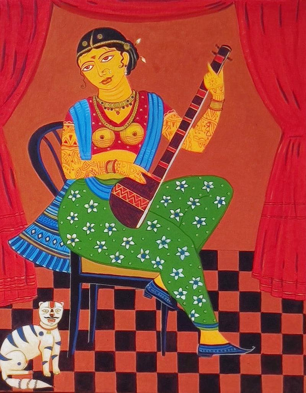 Lady With Sitar Painting by Bhaskar Lahiri | ArtZolo.com