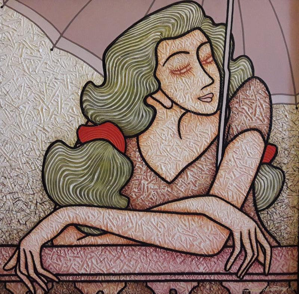Lady With Umbrella Painting by Sibsaday Chaudhuri | ArtZolo.com