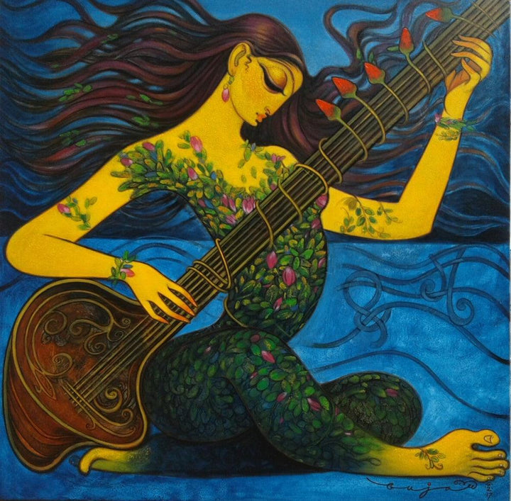 Lady Playing Sitar Painting by Ramesh Gujar | ArtZolo.com