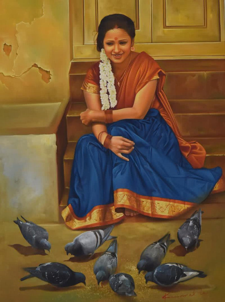 Lady With Pigeons Painting by Kamal Rao | ArtZolo.com