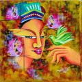 contemporary acrylic oil painting titled 'Lady with a Bird', 12x12 inches, by artist Deepali Mundra on Canvas