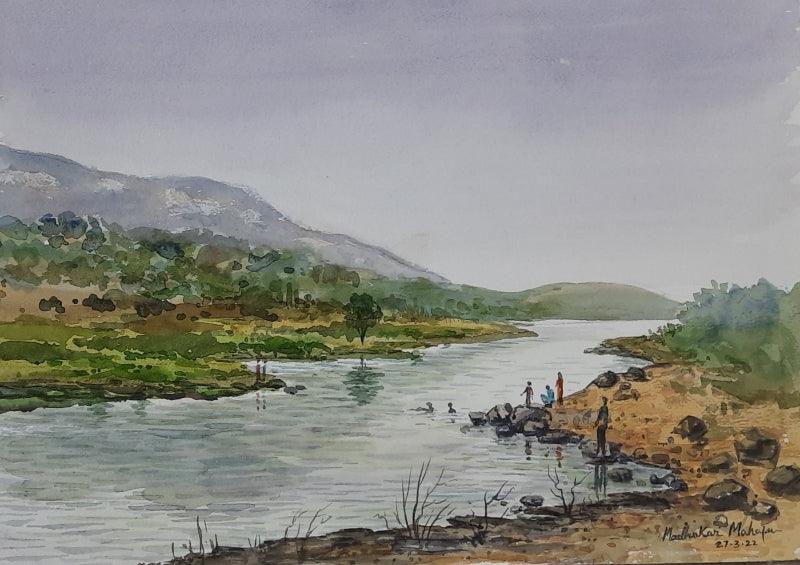 Landscape watercolor painting titled 'Lake', 12x16 inches, by artist Madhukar Mahajan on Paper