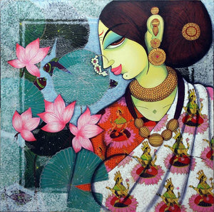 Figurative acrylic painting titled 'Lakshmi', 36x36 inches, by artist Varsha Kharatamal on Canvas