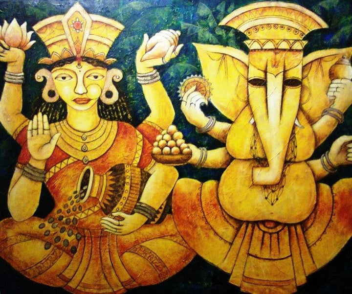 Lakshmi Ganesha Painting by Anirban Seth | ArtZolo.com