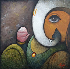 Religious acrylic painting titled 'Lambodara', 24x24 inches, by artist Ram Onkar on Canvas