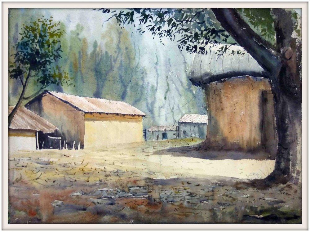Landscape watercolor painting titled 'Landscape', 22x28 inches, by artist Biki Das on Paper