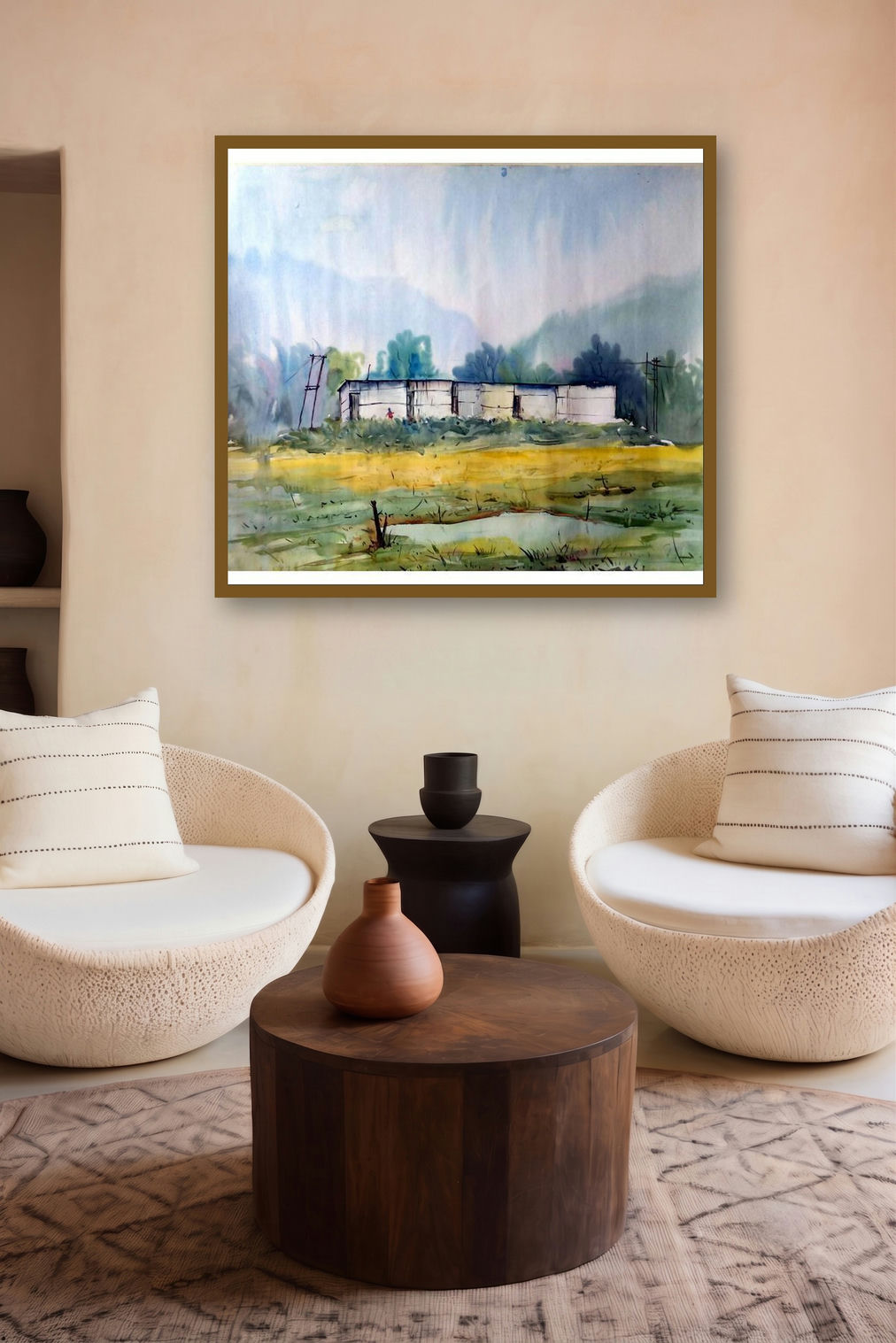 Landscape (Rural Abode) by artist Biki Das displayed in a Curated gallery