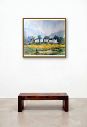 Landscape (Rural Abode) by artist Biki Das displayed in a Mid-Century Modern Study
