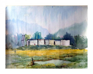 Landscape (Rural Abode) by Biki Das, Original Watercolor Nature Painting on Paper, Small Horizontal Wall Art