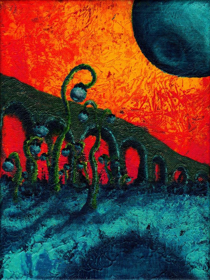 Surrealist acrylic painting titled 'Landscape', 7x9 inches, by artist Rainer Clemens Merk on canvas