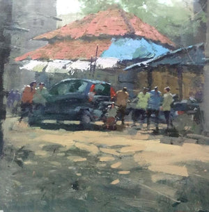 Cityscape acrylic painting titled 'Landscape', 18x18 inches, by artist Suresh Jangid on Stretch Canvas