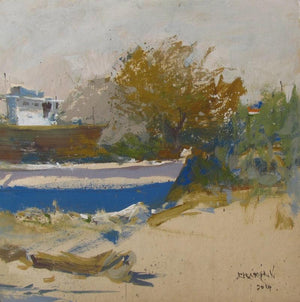Landscape (Golden Hues) by Bhargavkumar Kulkarni, Original Gouache Landscape Painting on Mount Board, Small Square Wall Art