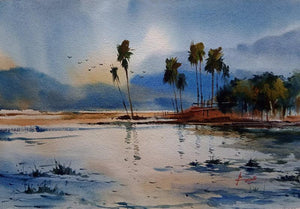 Landscape (A Tranquil Evening) by Prasanta Maiti, Original Watercolor Landscape Painting on Paper, Small Horizontal Wall Art