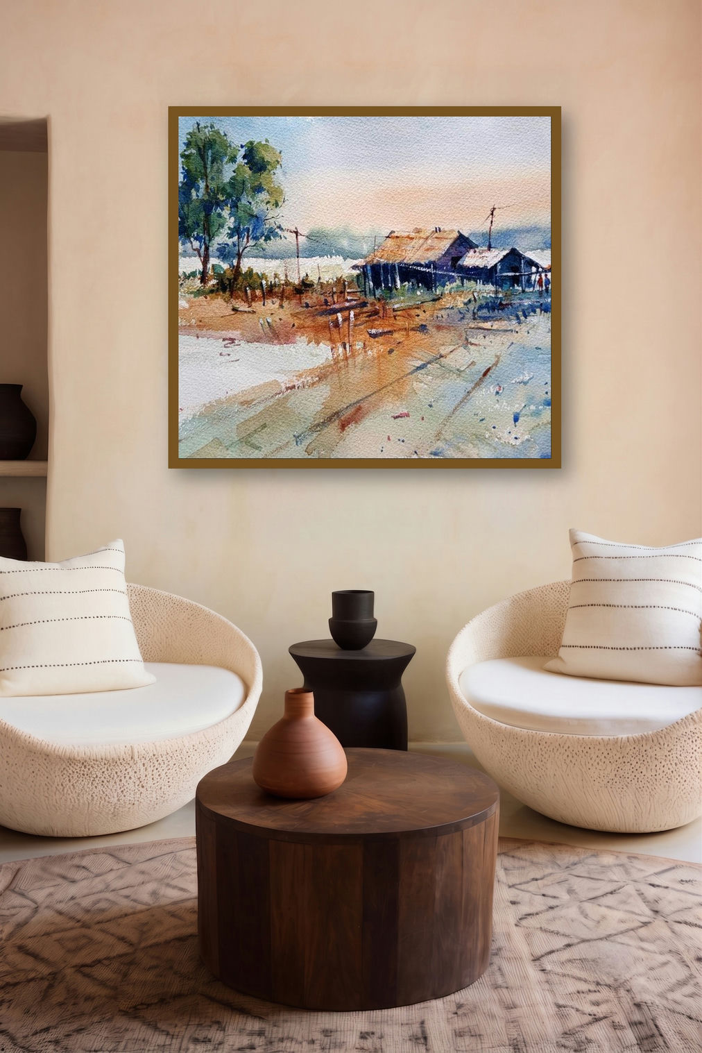 Landscape (Rural Serenity) by artist Prasanta Maiti displayed in a Indian Art gallery