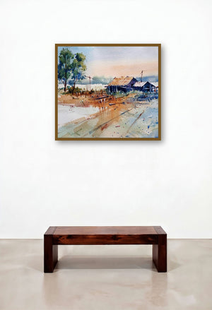 Landscape (Rural Serenity) by artist Prasanta Maiti displayed in a Contemporary Hotel Lobby