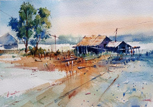 Landscape (Rural Serenity) by Prasanta Maiti, Original Watercolor Nature Painting on Paper, X-Small Horizontal Wall Art