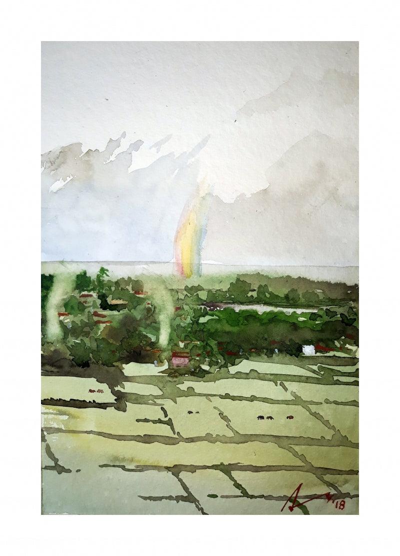 Cityscape watercolor painting titled 'Landscape', 11x7 inches, by artist Arunava Ray on Paper