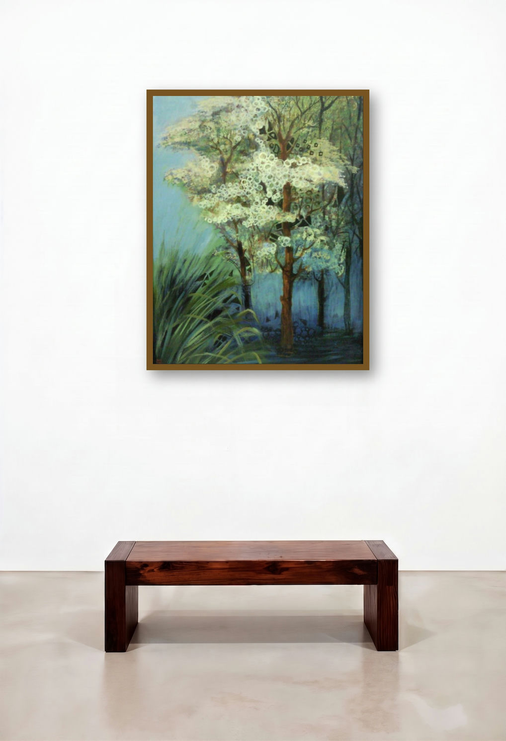 Landscape Ii (Ephemeral Blossoms) by artist Devirani Dasgupta displayed in a Designer Hotel Lobby