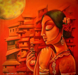 Figurative acrylic painting titled 'Laxmi', 24x24 inches, by artist Sumon Naskar on Canvas