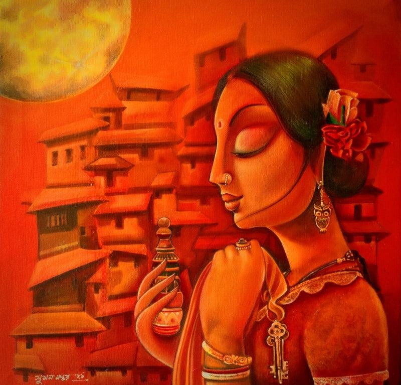 Figurative acrylic painting titled 'Laxmi', 24x24 inches, by artist Sumon Naskar on Canvas
