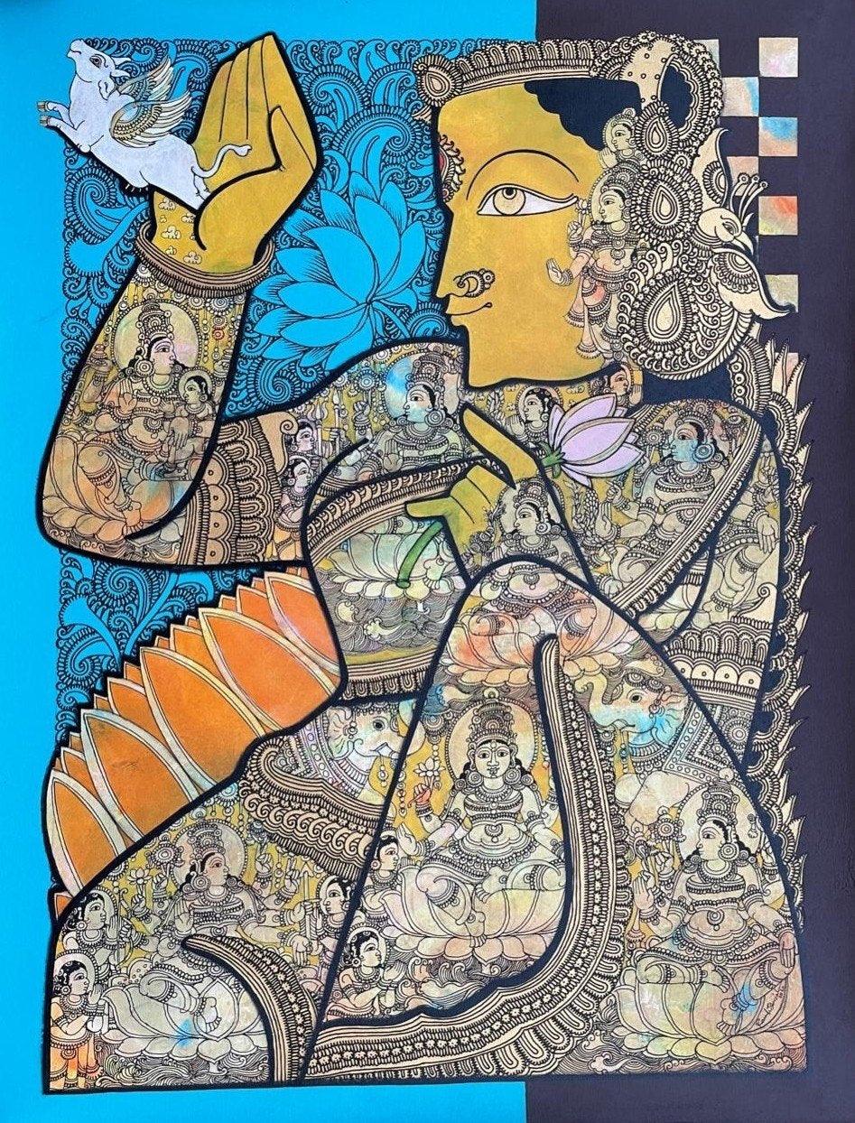 Religious acrylic painting titled 'Laxmi', 38x28 inches, by artist Ramesh Gorjala on Canvas