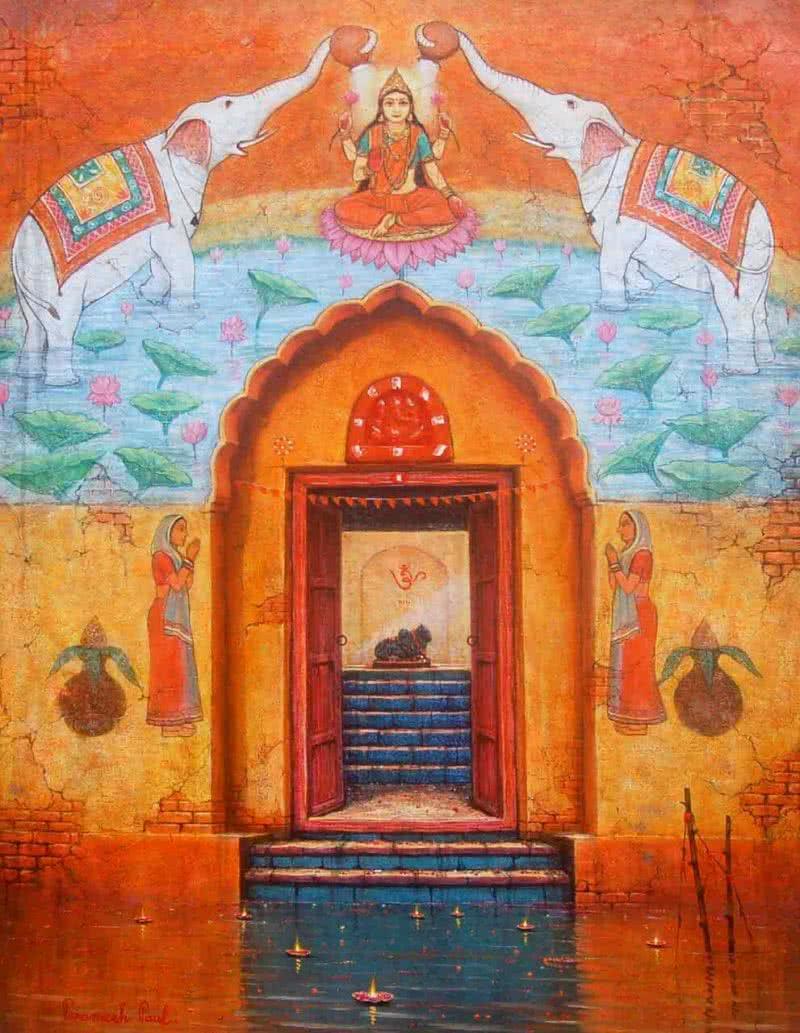 Figurative acrylic painting titled 'Laxmi', 36x48 inches, by artist Paramesh Paul on Canvas