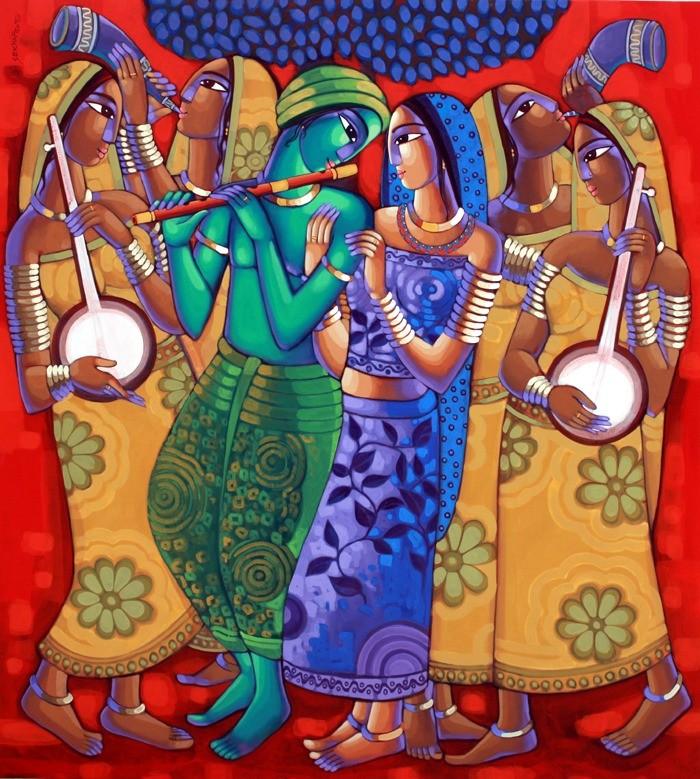Religious acrylic painting titled 'Leela', 66x60 inches, by artist Sekhar Roy on Canvas