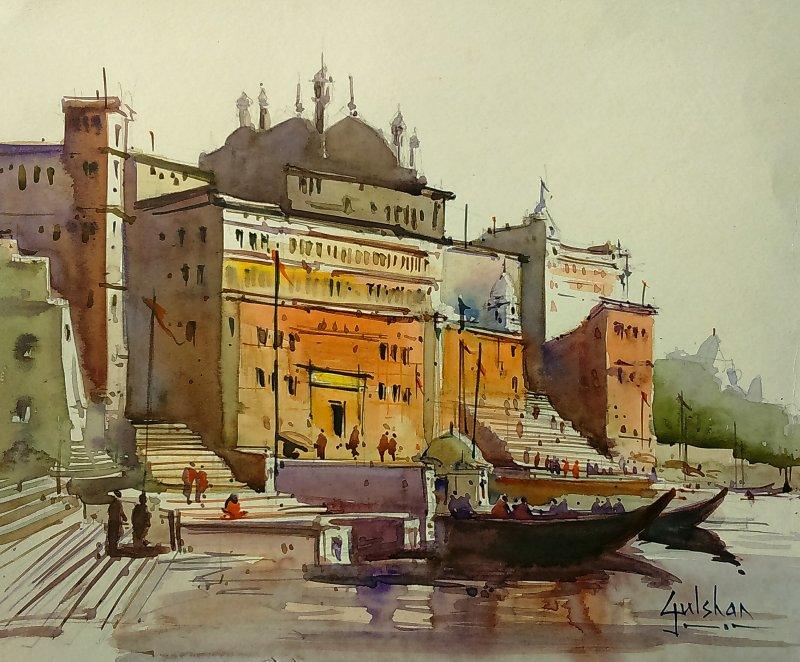 Scenic watercolor painting titled 'Lets Go For A Walk', 12x12 inches, by artist Gulshan Achari on Paper