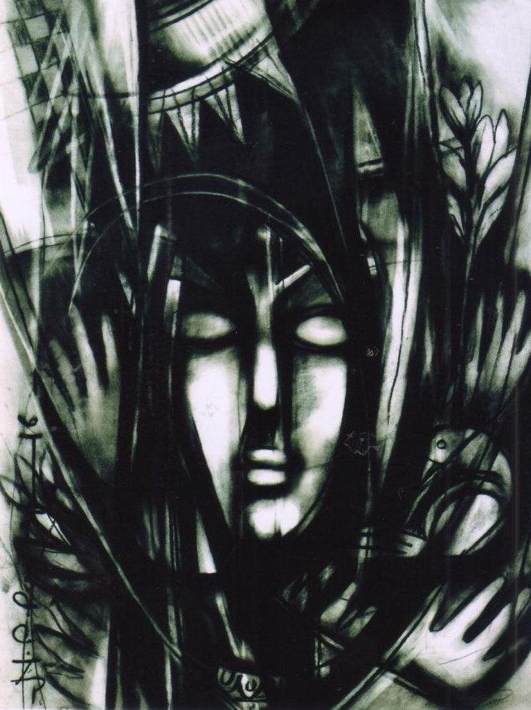 Figurative charcoal drawing titled 'Life 2', 28x22 inches, by artist NP Pandey on Paper