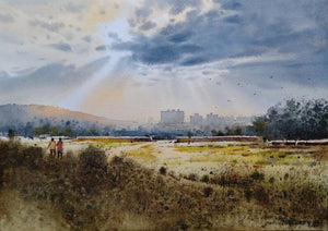 Light (A Walk Through the Fields) by Nanasaheb Yeole, Original Watercolor Landscape Painting on Paper, Small Horizontal Wall Art