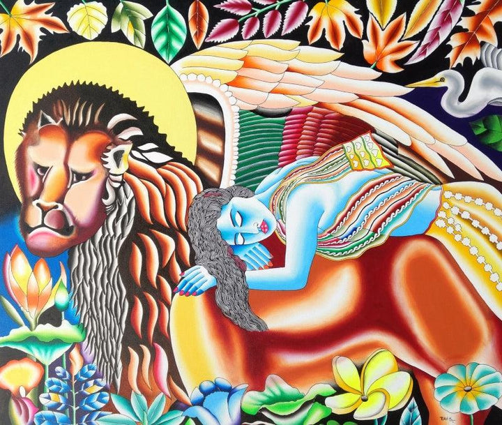 Lion And Girl Painting by Ravi Kattakuri | ArtZolo.com