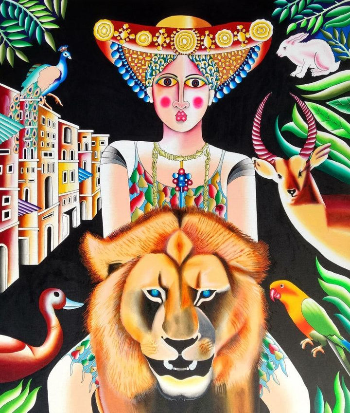 Lion And Woman Painting by Ravi Kattakuri | ArtZolo.com