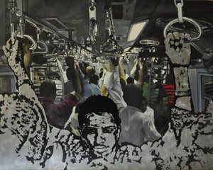 Local (Rhythms of the Rails) by Ajit Deswandikar, Original Oil Figurative Painting on Canvas, X-Large Horizontal Wall Art