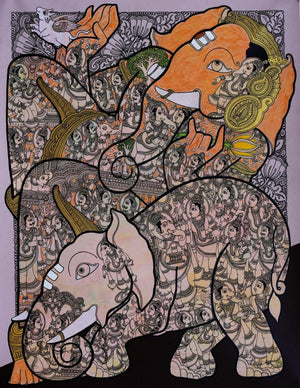 Religious acrylic painting titled 'Lord Ganesh', 48x36 inches, by artist Ramesh Gorjala on Canvas